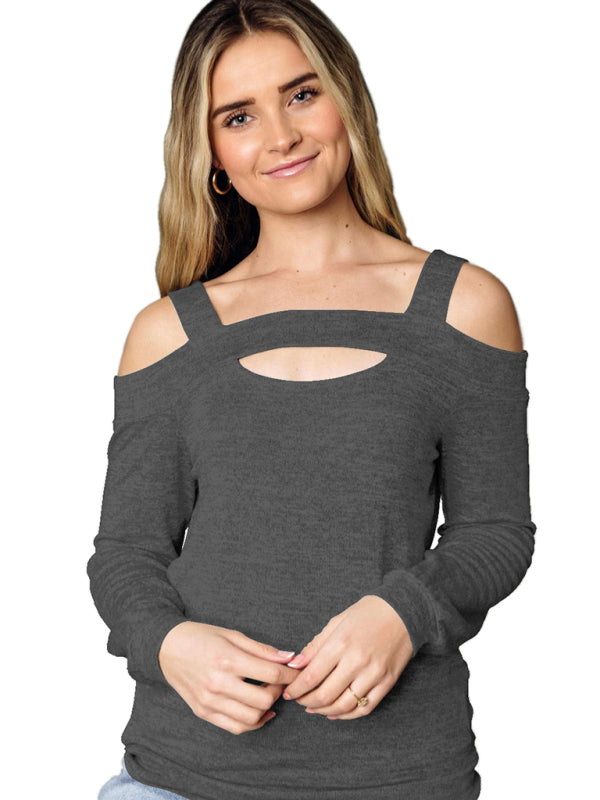 Hollow Square Neck Off Shoulder Long Sleeve Sweater T-Shirt