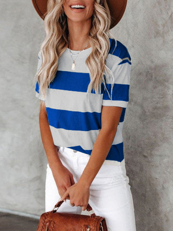 Fashionable blue and white stripe print round neck short-sleeved casual T-shirt