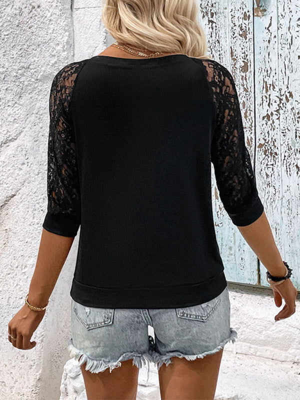New casual elegant lace stitching black women's top