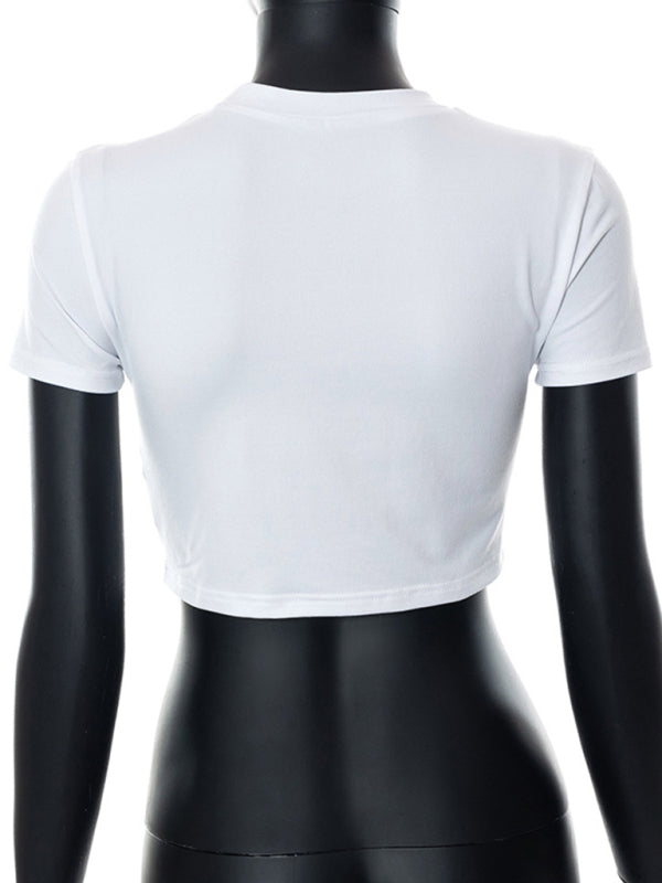 New women's casual round neck cherry print navel-baring short-sleeved T-shirt