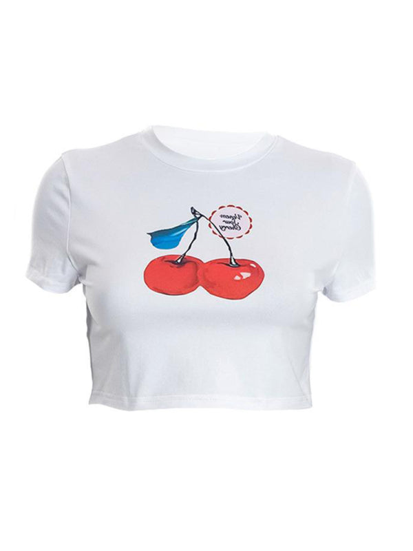 New women's casual round neck cherry print navel-baring short-sleeved T-shirt