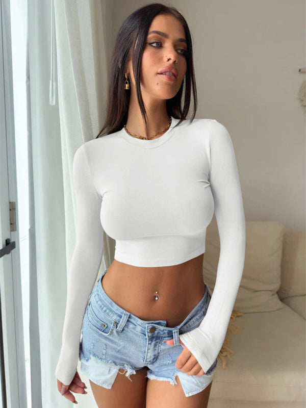 Women's new tight-fitting navel-baring hot girl outfit super short long-sleeved T-shirt