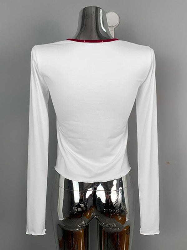 New style bow-trimmed contrasting V-neck slim-fitting long-sleeved T-shirt