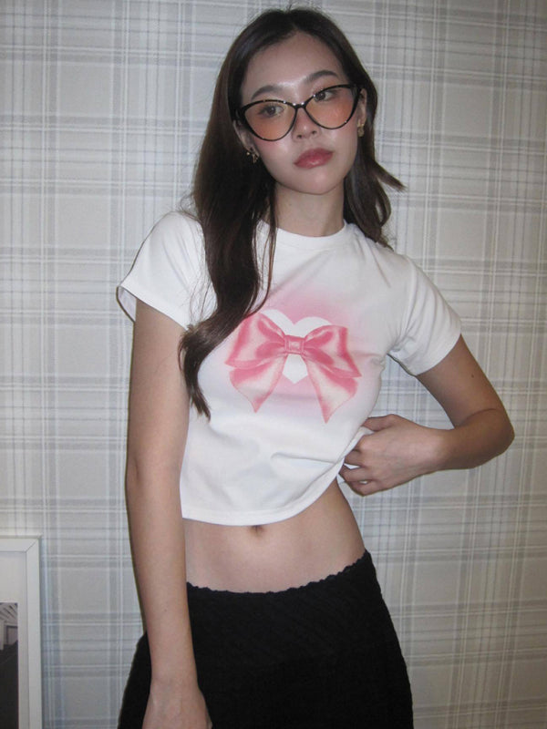Women's New Valentine's Day Bow Print Short Sleeve Slim Street Hot Girl Fashion T-Shirt