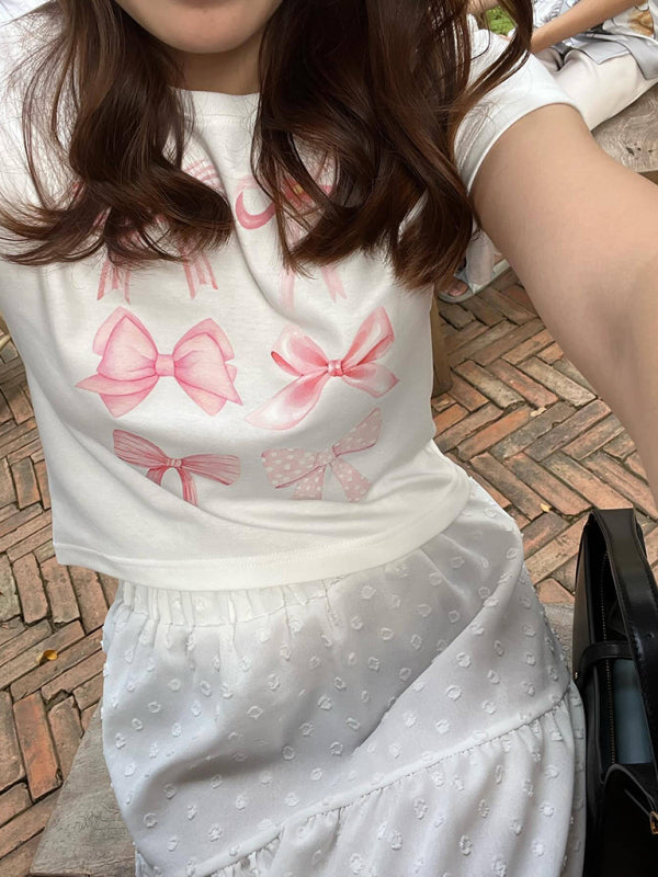 Women's New Valentine's Day Bow Print Short Sleeve Slim Street Hot Girl Fashion T-Shirt