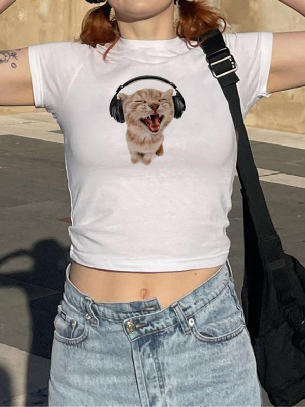 Women's new music cat print short-sleeved T-shirt