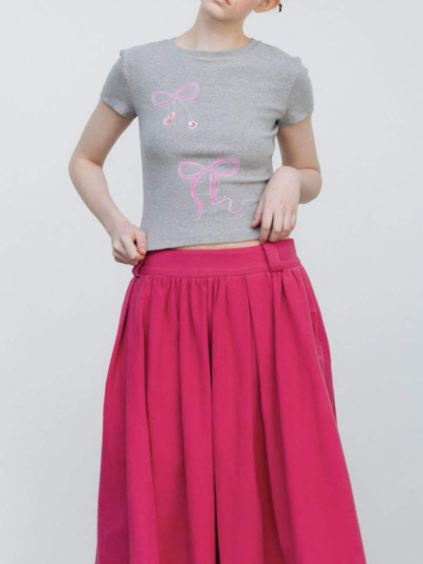 New bow solid color printed navel-baring short-sleeved T-shirt