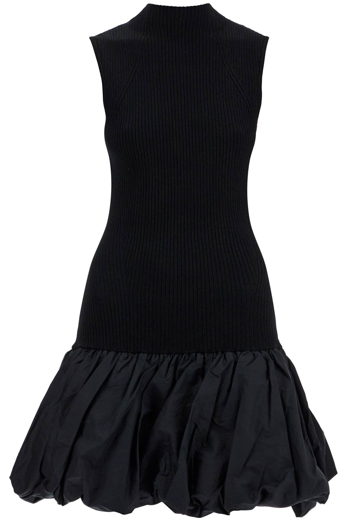 Rotate black knit racer cut dress with high neck and flared skirt