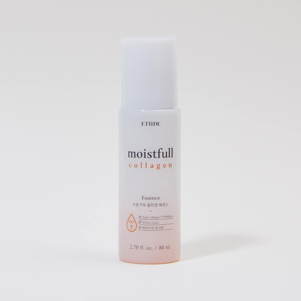 ETUDE Moistfull Collagen Essence 80ml bottle shown with the essence applied to skin