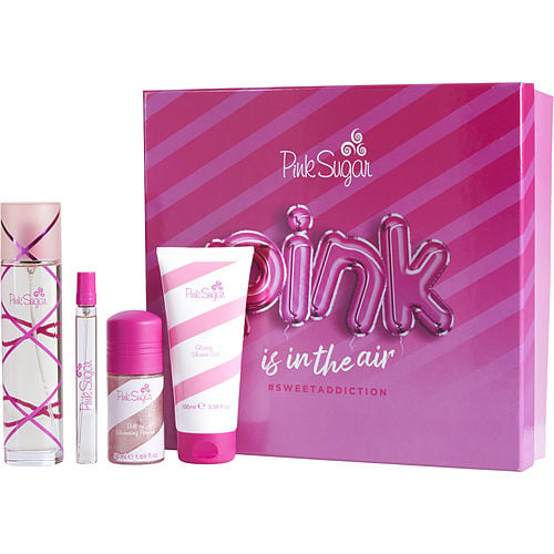 Aquolina Pink Sugar Edt Spray 3.4 Oz & Shimmering Perfume Roll-On 1.7 Oz & Shower Gel 3.4 Oz & Edt Spray Mini 0.33 Oz