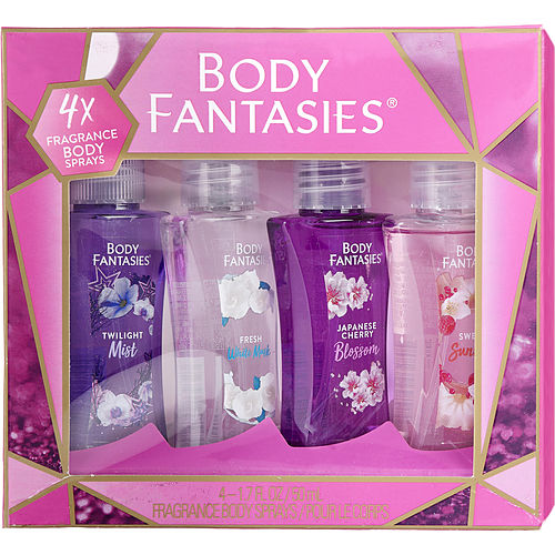 Body Fantasies Body Fantasies Variety 4 Piece Set With Japanese Cherry Blossom & Fresh White Musk & Twilight Mist & Sweet Sunrise And All Are Body Spray 1.7 Oz