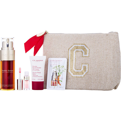 Clarinsclarinsdouble Serum Luminosity Set: Double Serum 1.7Oz + Double Serum Eye 0.9Oz + Beauty Flash Balm 0.5Oz + Lip Comfort Oil 04 Pitaya 0.04Oz --4Pcs+Pouch