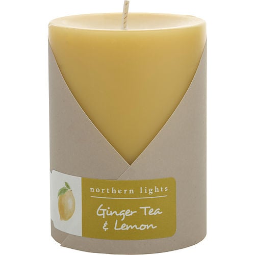 Northern Lights Ginger Tea & Lemon One 3X4 Inch Pillar Candle.  Burns Approx. 80 Hrs.