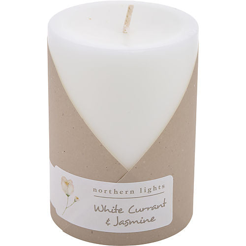 Northern Lights White Currant & Jasmine One 3X4 Inch Pillar Candle.  Burns Approx. 80 Hrs.