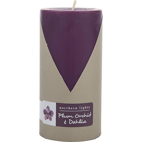 Northern Lights Plum Orchid & Dahlia One 3X6 Inch Pillar Candle.  Burns Approx. 100 Hrs.
