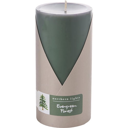 Northern Lights Evergreen Forest One 3X6 Inch Pillar Candle.  Burns Approx. 100 Hrs.