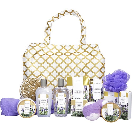 Spa Luxetiquespa Luxetiquelavender Fashion Bath Tote: Shower Gel + Bubble Bath + Bath Salt + Body Scrub + Hand Cream + Body Lotion + Massage Oil + Shampoo Bar + Soap + 2X Bath Bombs + Bath Loofah + Body Brush + Hair Drying Towel + Tote Bag --13Pcs + Bag