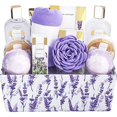 Spa Luxetique Spa Luxetique Lavender Bath & Shower Basket: Shower Gel + Bubble Bath +  Body Lotion + Hand Cream + Massage Oil + Bath Salt + Body Scrub + Soap + 2X Bath Bombs + Bath Loofah + Hair Drying Towel + Handmade Box --10Pcs + Box