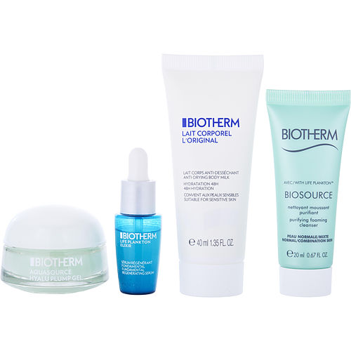 Biothermbiothermmy Hydration Routine Set: Aquasource Hyalu Plump Gel 15Ml + Life Plankton Elixir 7Ml + Biosource Purifying Foaming Cleanser Normal/Combination Skin 20Ml + Body Milk 40Ml --4Pcs