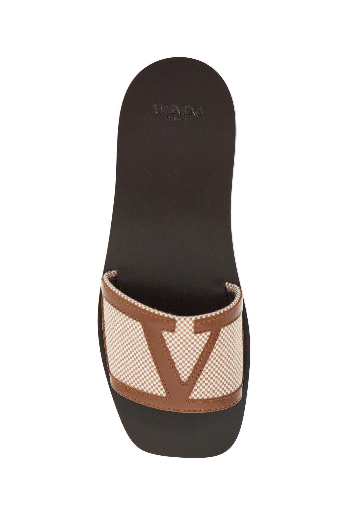 Valentino Garavani women's slippers in natural fabric and leather/tobacco with wide check pattern strap