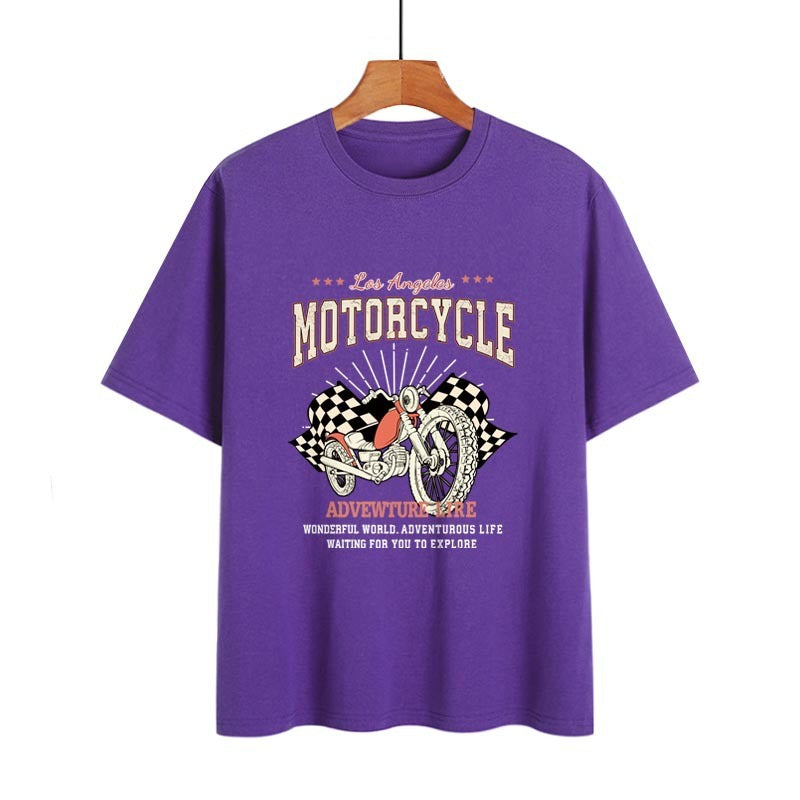 Street Retro Motorcycle Letter Print Collarless Loose Women's T-Shirt