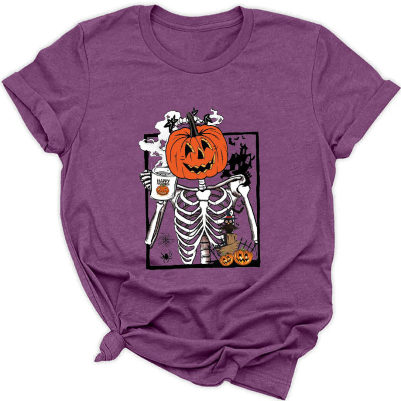 Women's Halloween Pumpkin Skeleton Graphic Tee