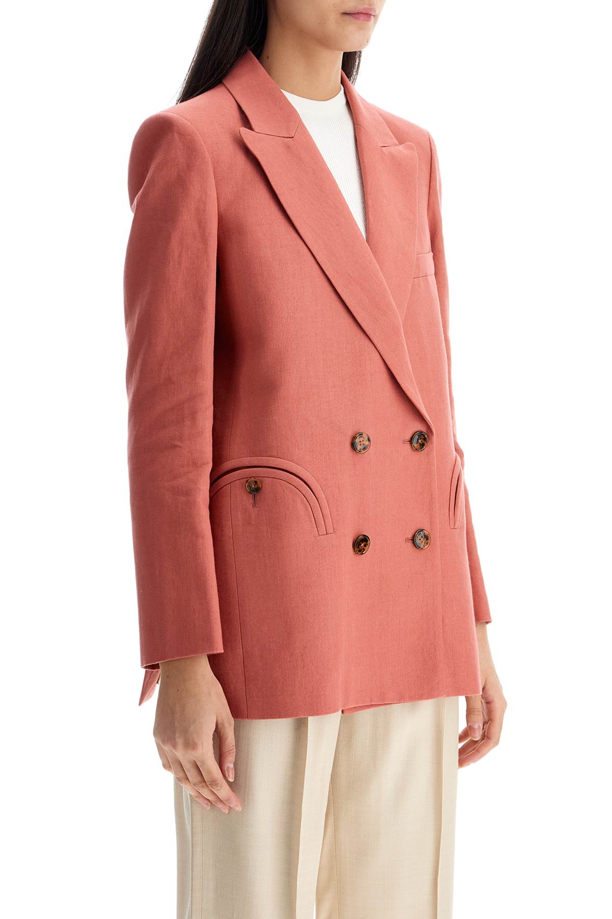 Blaze Milano coral linen single-breasted blazer with turtle style buttons