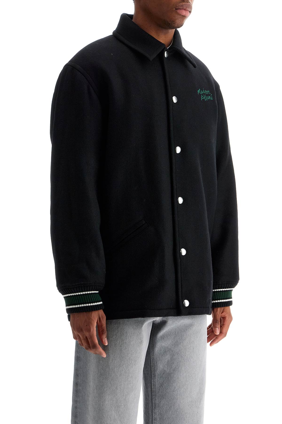 Maison Kitsune black wool varsity jacket with embroidery