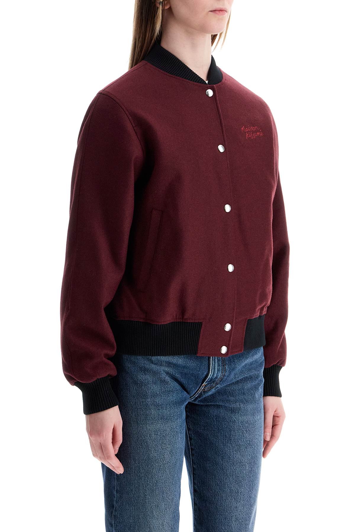 Maison Kitsune men's bordeaux wool teddy jacket with fox embroidery