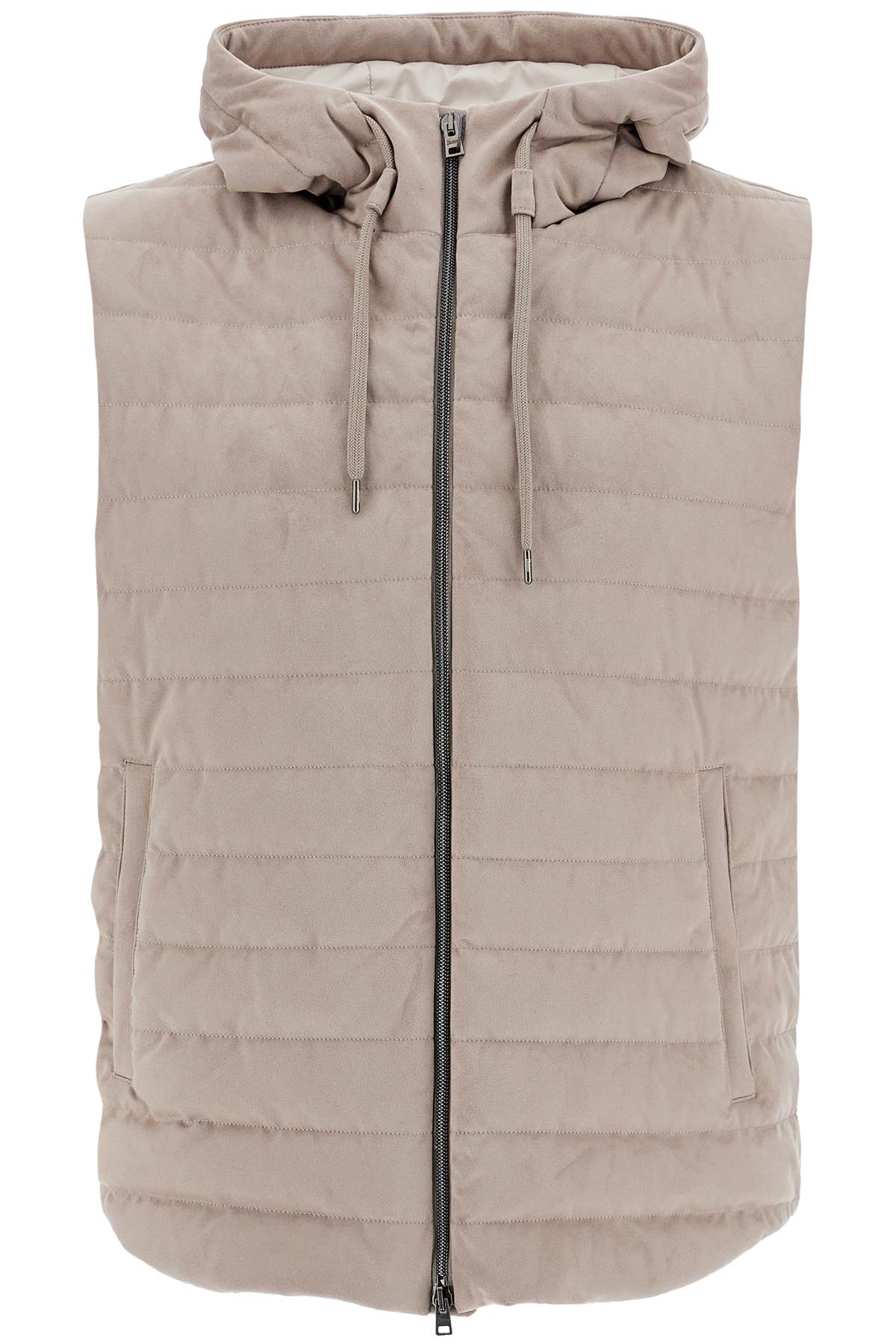 HERNO sleeveless down jacket in dove gray polyester with quilted hood