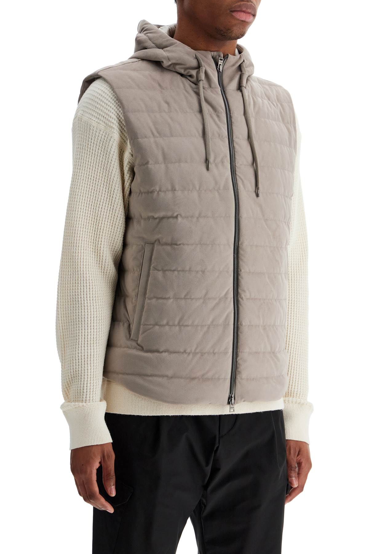 HERNO sleeveless down jacket in dove gray polyester with quilted hood