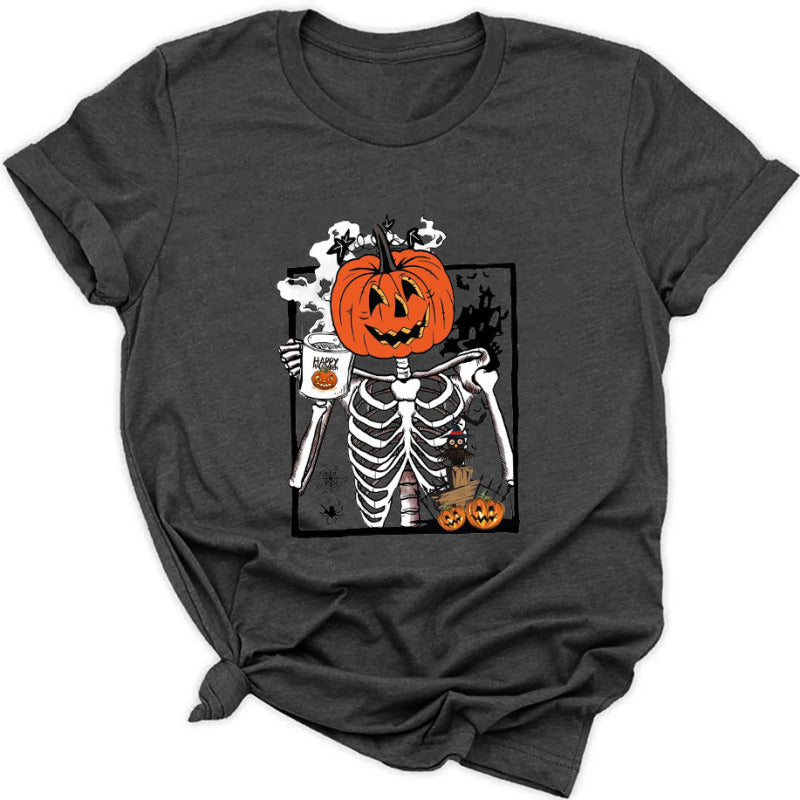 Women's Halloween Pumpkin Skeleton Graphic Tee