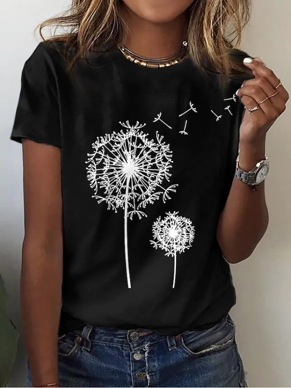 Lässiges Strick-T-Shirt mit Löwenzahn-Print für Damen 