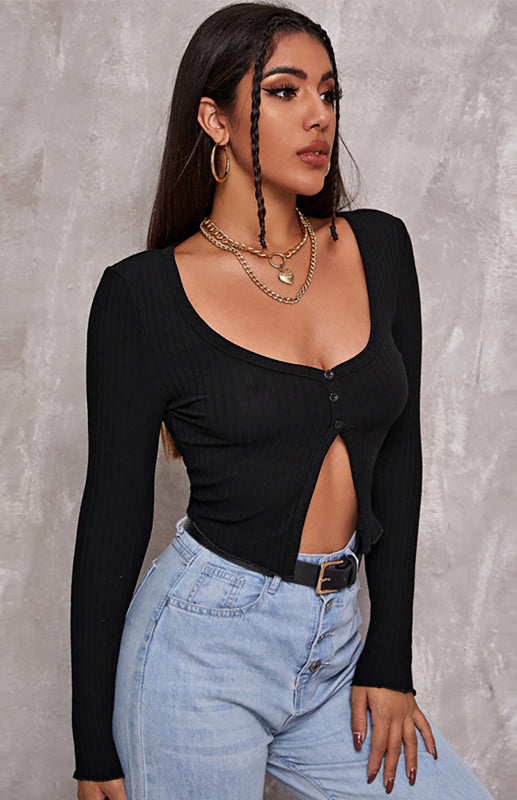 Women'S Sexy Button Crop Long Sleeve Top