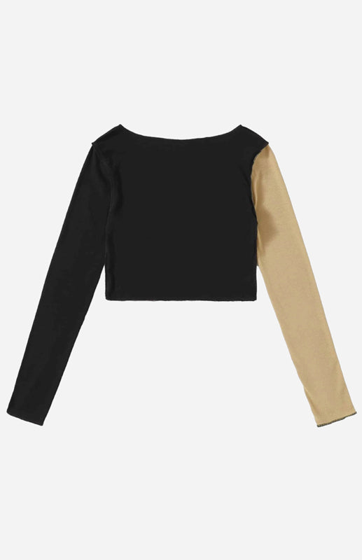 Short Stitched Casual Crew Neck Long Sleeve Top