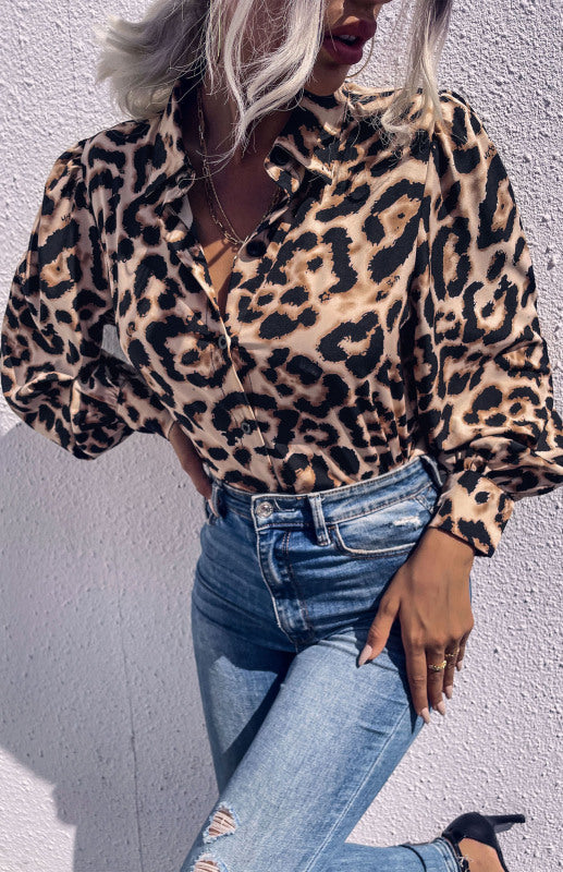 Women's Long Sleeve Leopard Print Lapel Shirt