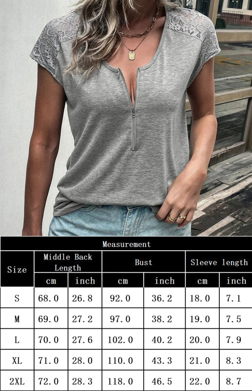 Women's Round Neck Semi-Stranded Stitching Lace Short Sleeve Tops