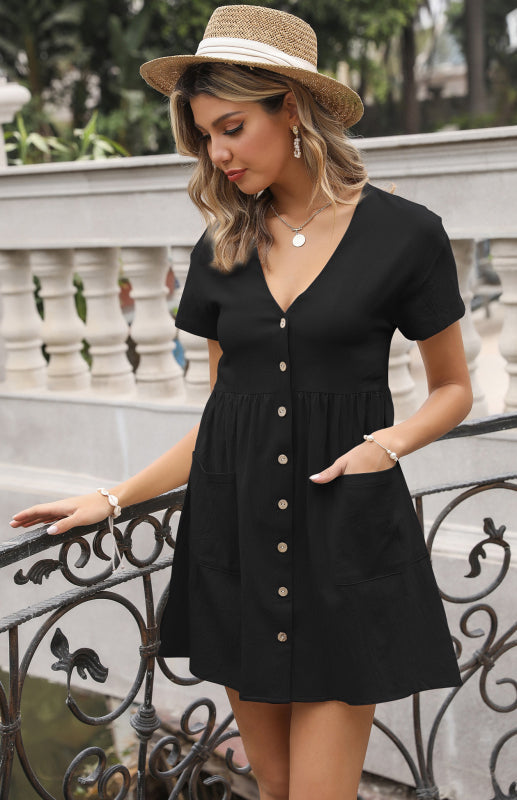 Women's Loose Shirt Dress V-Neck Short Sleeve Pleated Cotton Linen Dress