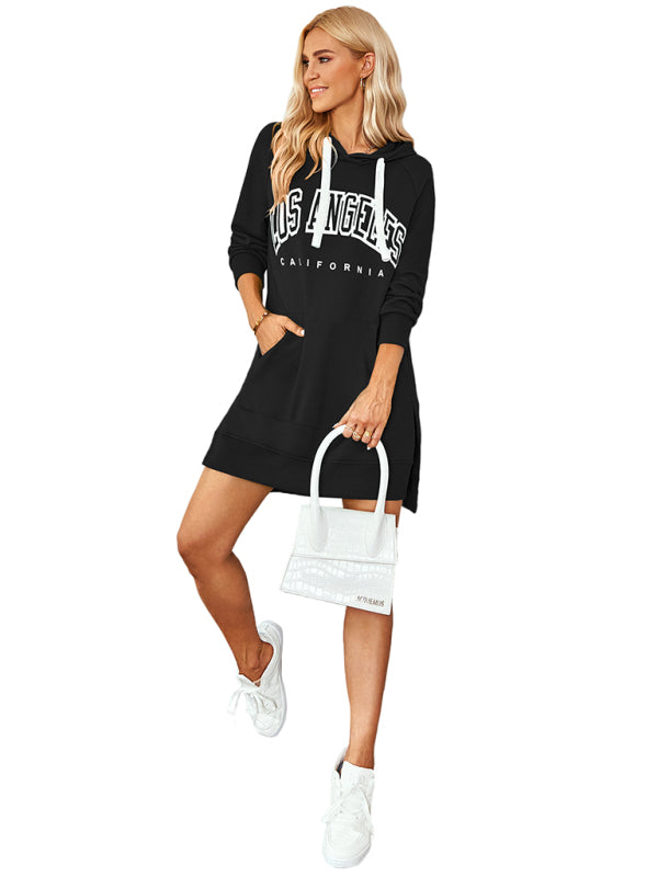 Women's lettered print hooded skirt dress