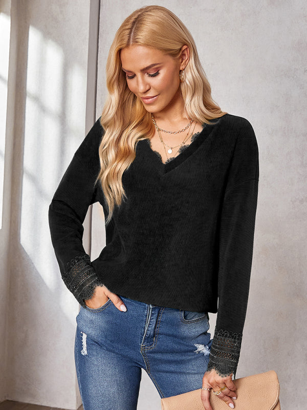 Women's fashion knitted lace V-neck bottoming shirt