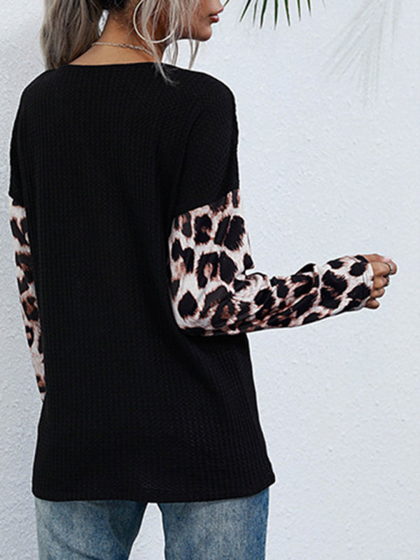 women's long sleeve loose black leopard print knitted sweater