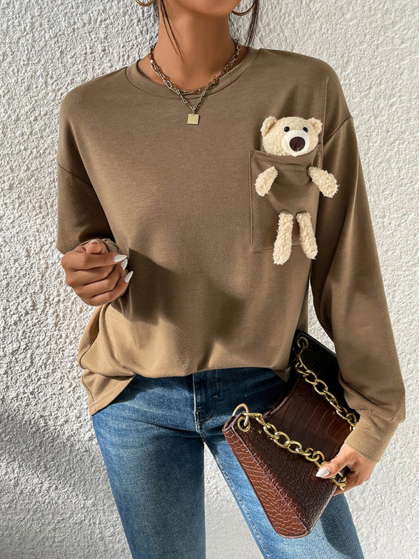 Woman'S' New Tops Fall And Winter Casual Round Neck Bear Long-Sleeved T-Shirt