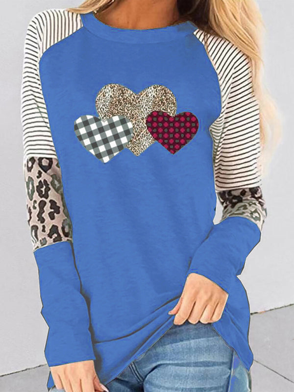 Women's Valentine's Day Long Sleeve Mosaic Peach Heart Casual Round Neck Loose Top