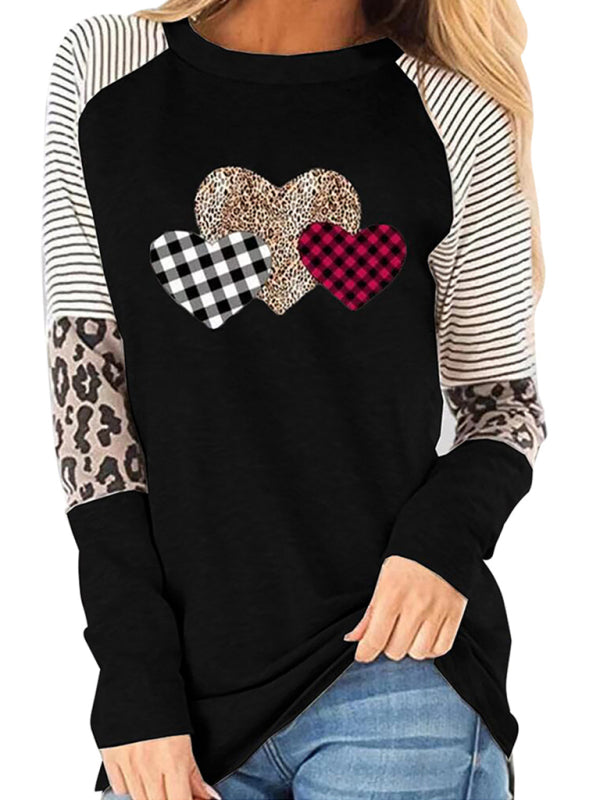 Women's Valentine's Day Long Sleeve Mosaic Peach Heart Casual Round Neck Loose Top