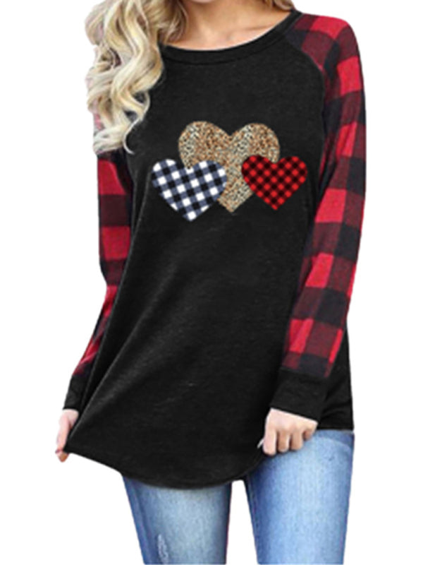 Plaid Leopard Stitching Heart Print Round Neck Long Sleeve T-Shirt