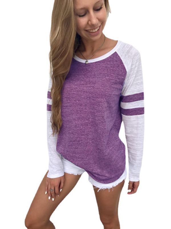 Contrast color stripe stitching long-sleeved T-shirt round neck color block top
