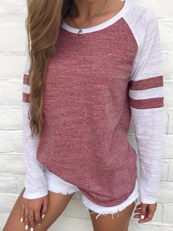 Contrast color stripe stitching long-sleeved T-shirt round neck color block top