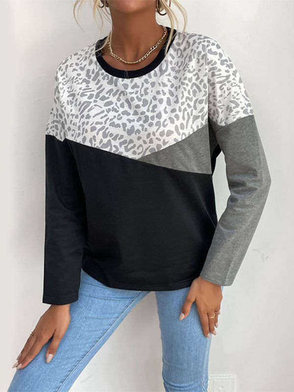 Women's casual style color-block leopard print long-sleeved sweatshirt