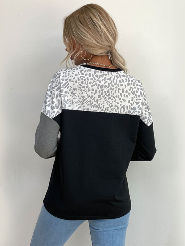 Women's casual style color-block leopard print long-sleeved sweatshirt