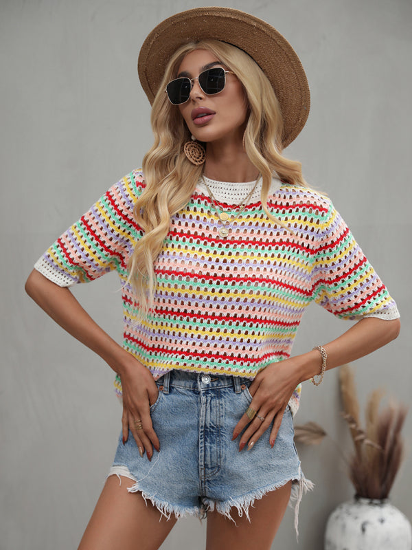 Paneled Hollow Knit Loose Crew Neck Striped Knit Sweater